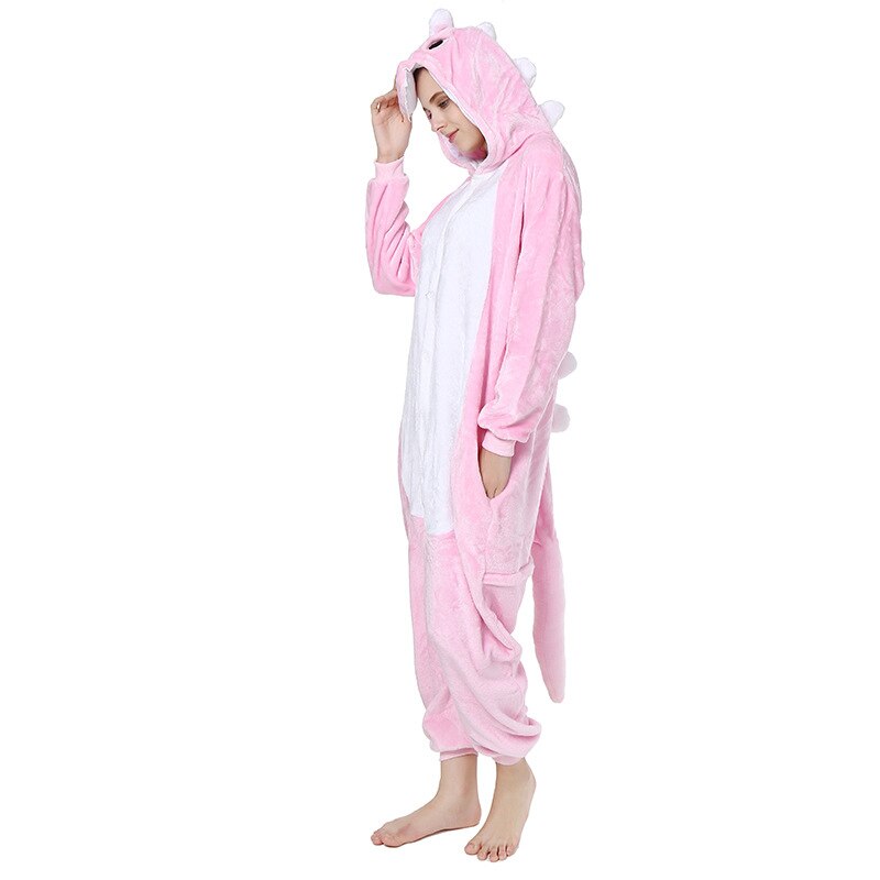 Winter Pink Flannel Pajama Sets Women One-piece Sleepwear Cosplay Dinosaur Kigurumi For Adults Pyjama Femme Stitch Hooded Onesie