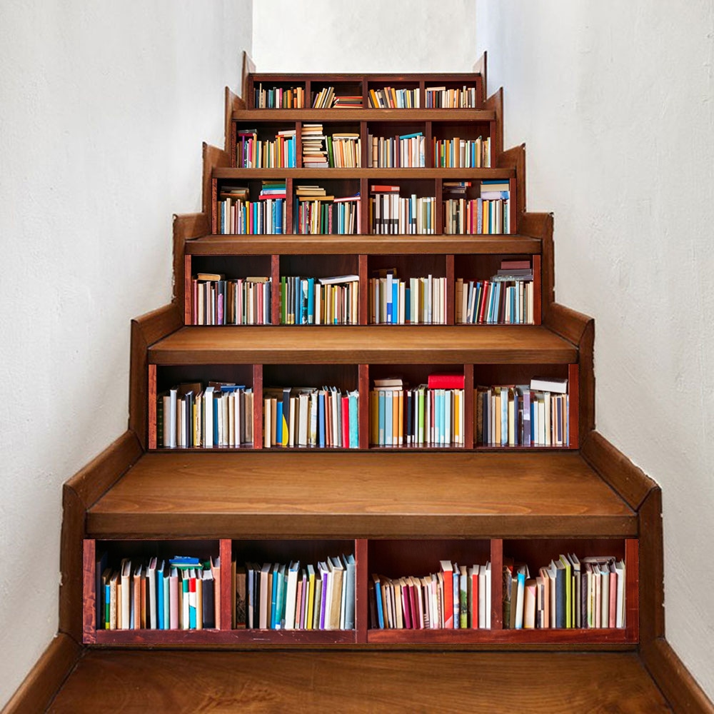 6 teile/satz Bibliothek Treppen Aufkleber Bücherregal Stairscase Dekoration Tapete Selbst Klebe Bücherregal DIY Fliesen Decals Für Lustige Leben