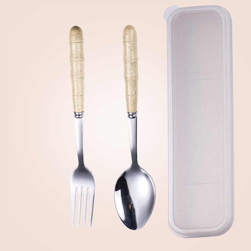Tragbares edelstahl-essgeschirr-einstellen aus weizenstroh, essstäbchen, löffel und gabel, geschirr für kinderküchen-essgeschirr-einstellen: Beige -2 stück 3