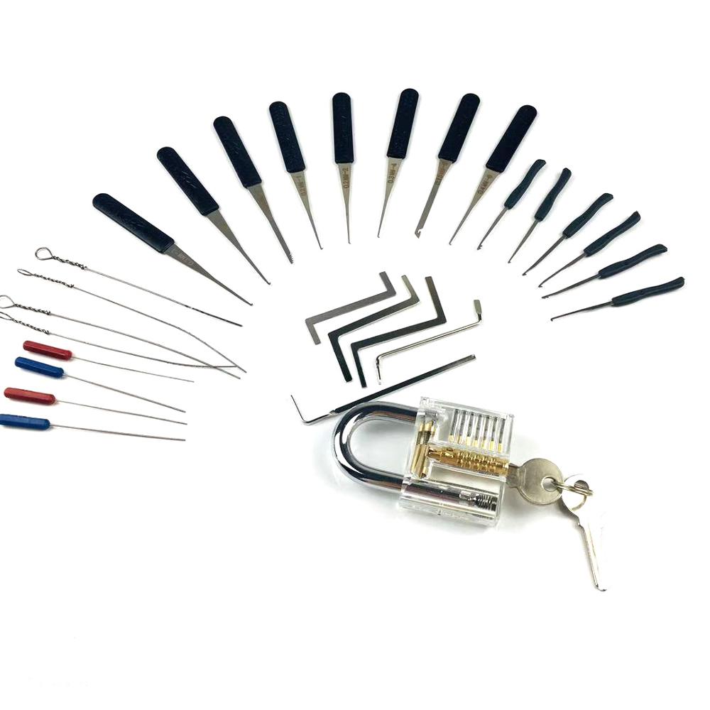 ! 2PCS Transparent Lock with 14pcs Broken Key Extractor Pick Set,2pcs Tension Wrench Tool Locksmith Kit: 4-Z