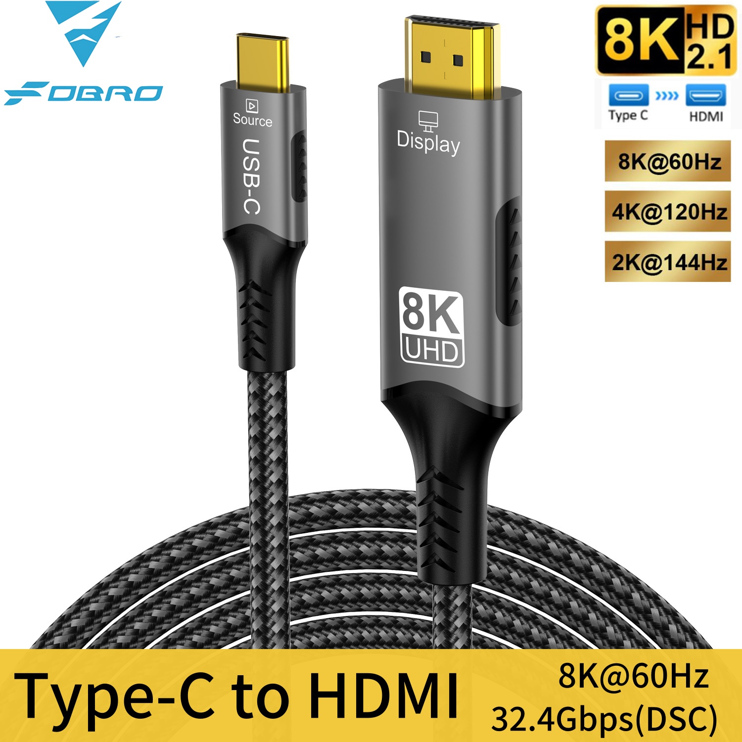 Câble USB C vers HDMI 8K @ 60Hz 4K @ 120Hz, câble hdmi2.1 type-c vers hdmi, adaptateur Thunderbolt 3/4 pour Huawei Mate30 iphone 15 MacBook