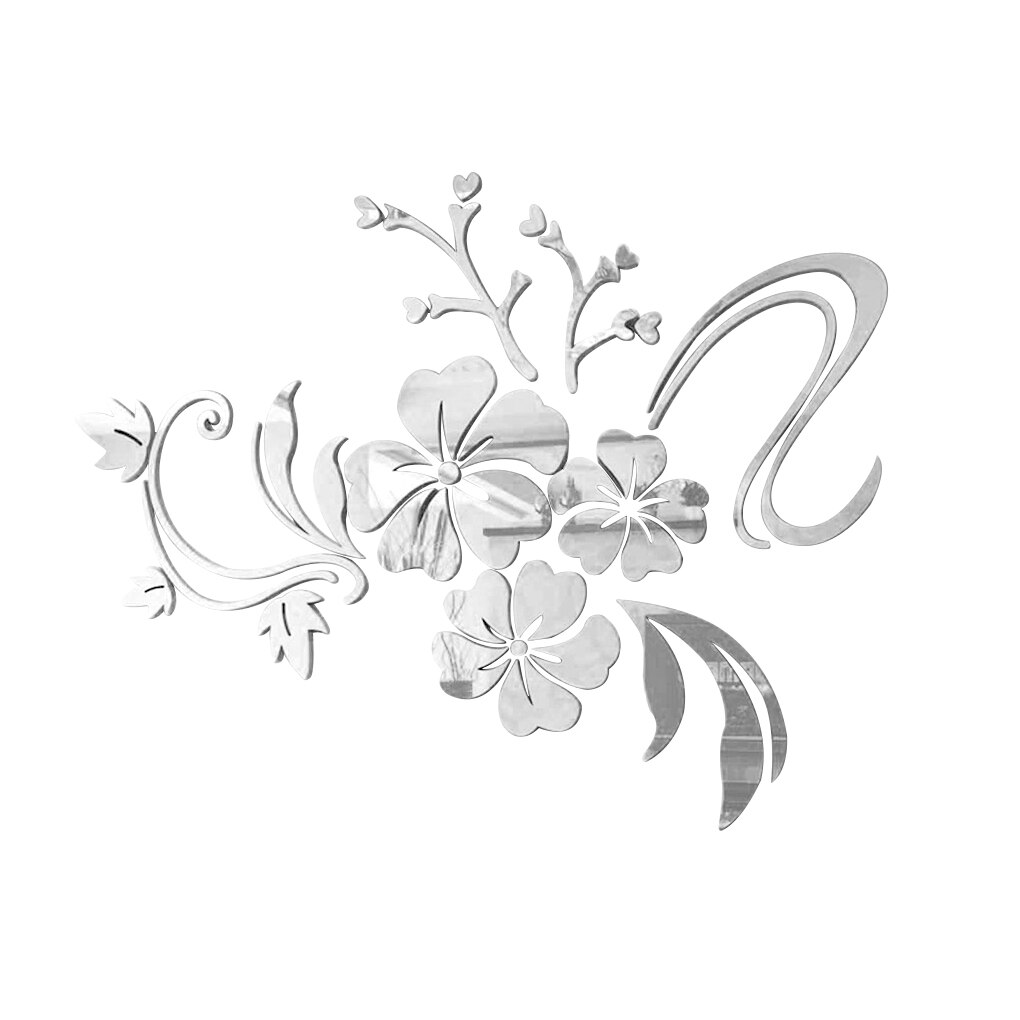 Hibiscus Shape Wall Sticker 3D Flower Acrylic Mirror Decal Bath Home Decor Sticker Self Adhesive Home Wall Decoration Supplies: Silver