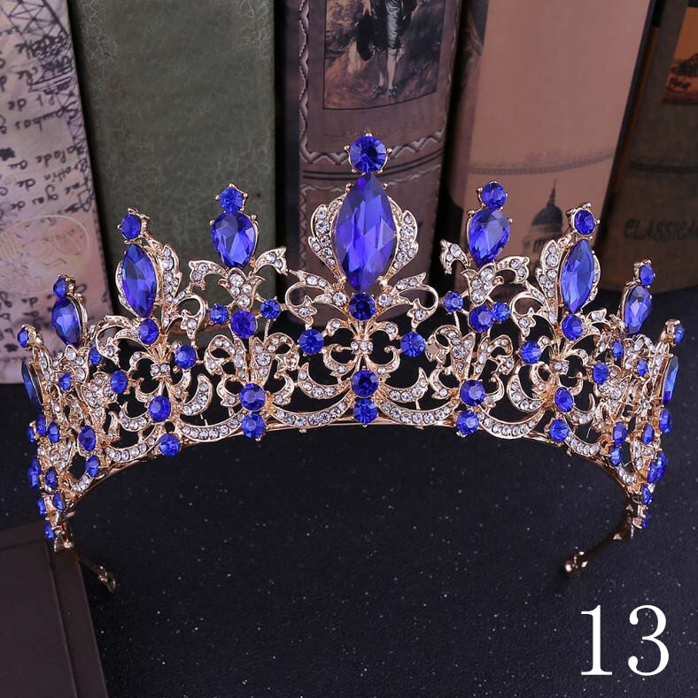 Baroque Luxury Handmade Rhinestone Bridal blue Crystal Big Crown Tiaras Diadem for Bride Headbands Wedding Hair Accessories: 13