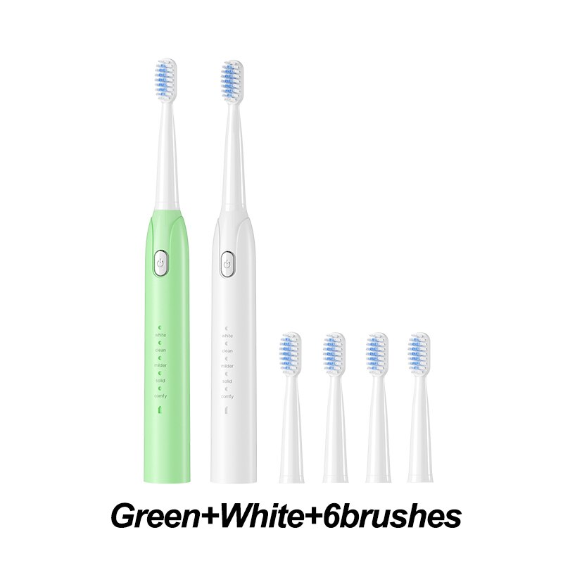 Electric Toothbrush Sonic Toothbrush USB Induction Charging Toothbrush Smart Toothbrush Electric Tooth Scaler Wave Brush: greenwhite 6brushes