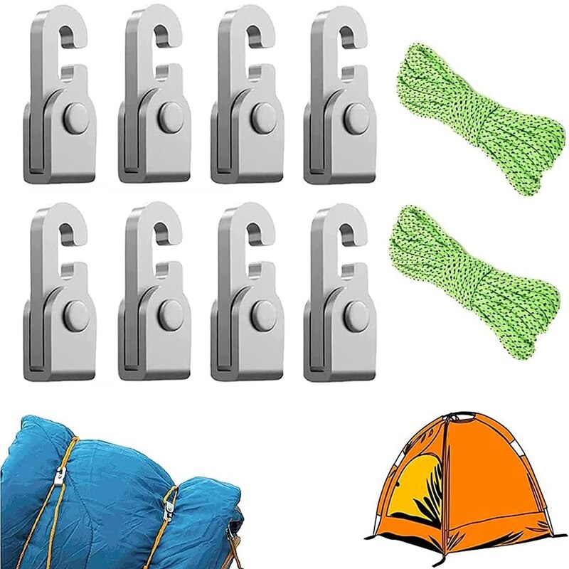 Crochet de verrouillage automatique, nœud libre autobloquant, Kit de corde facile à serrer, 8 pièces/paquet avec corde de 5 M X2 pour tente extérieure