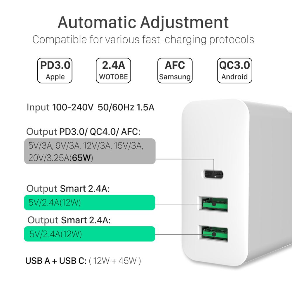 PD65W USB-C Power Adapter,1Port PD60W QC3.0 Charger For USB-C Laptops MacBook Pro/Air iPad Pro,2port USB A for S8/S10 iPhone11