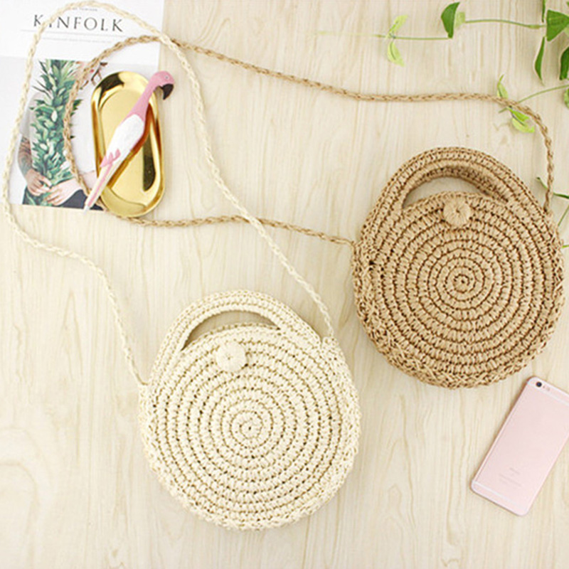 FGGS Round Paper rope Beach Bag Summer mini Vintage Handmade Crossbody straw Bag Girls Circle Rattan bag Small Bohemian Shoulder