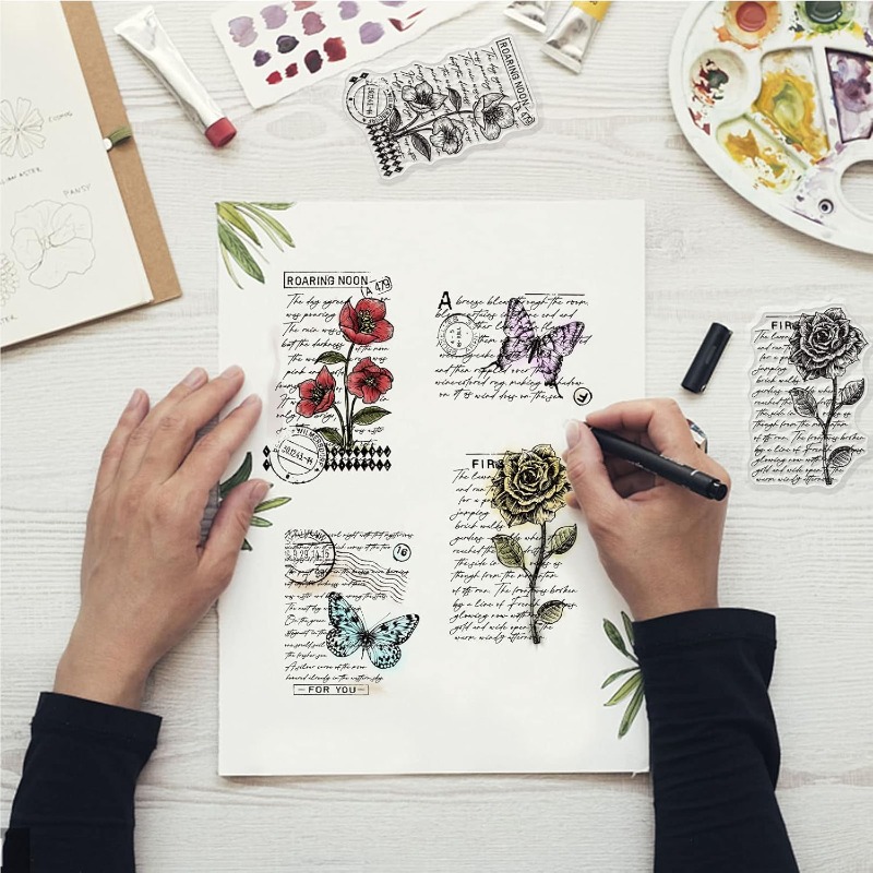 1 Vel Vintage Bloemen Duidelijke Stempel Art Woorden Transparante Siliconen Stempel Vlinder Rose Rubber Stempel voor Scrapbook Journal Card