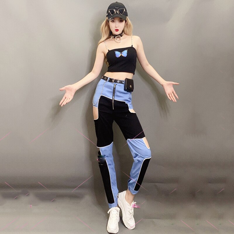 Hip Hop Street Dance Performance Costume Female Jazz Dancing Practice Clothing Stitching Blue Trousers Nightclub Suit DNV13082