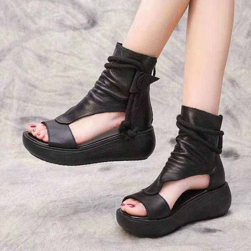 Sandales en cuir confortables pour femmes, bottes Cool à plate-forme, chaussures d'extérieur à la , semelles compensées, augmente la hauteur, chaussures à bout ouvert, été, 2022