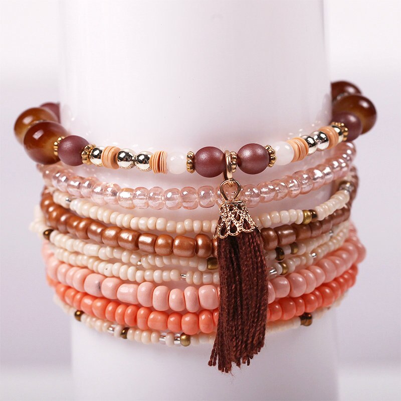 Boho Multilayer Beads Wrap Friendship Bracelets For Women Bead Tassel Charm Bracelet Femme Christams Jewelry Pulseras Mujer: Brown