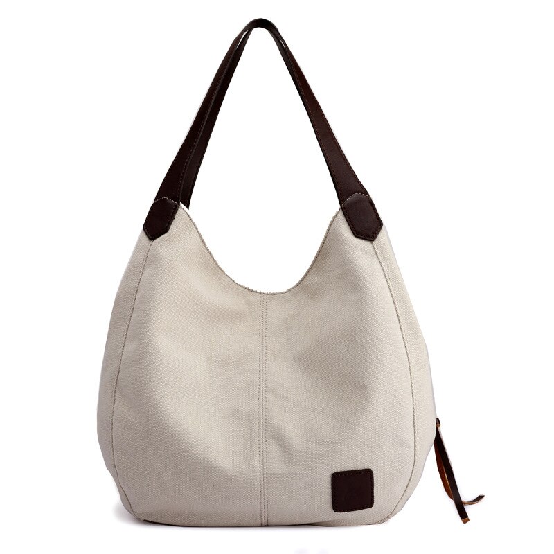 Vrouwen Canvas Handtassen Vrouwelijke Zwervers Enkele Schoudertassen Vintage Solid Multi-pocket Dames Bakken Bolsas: beige