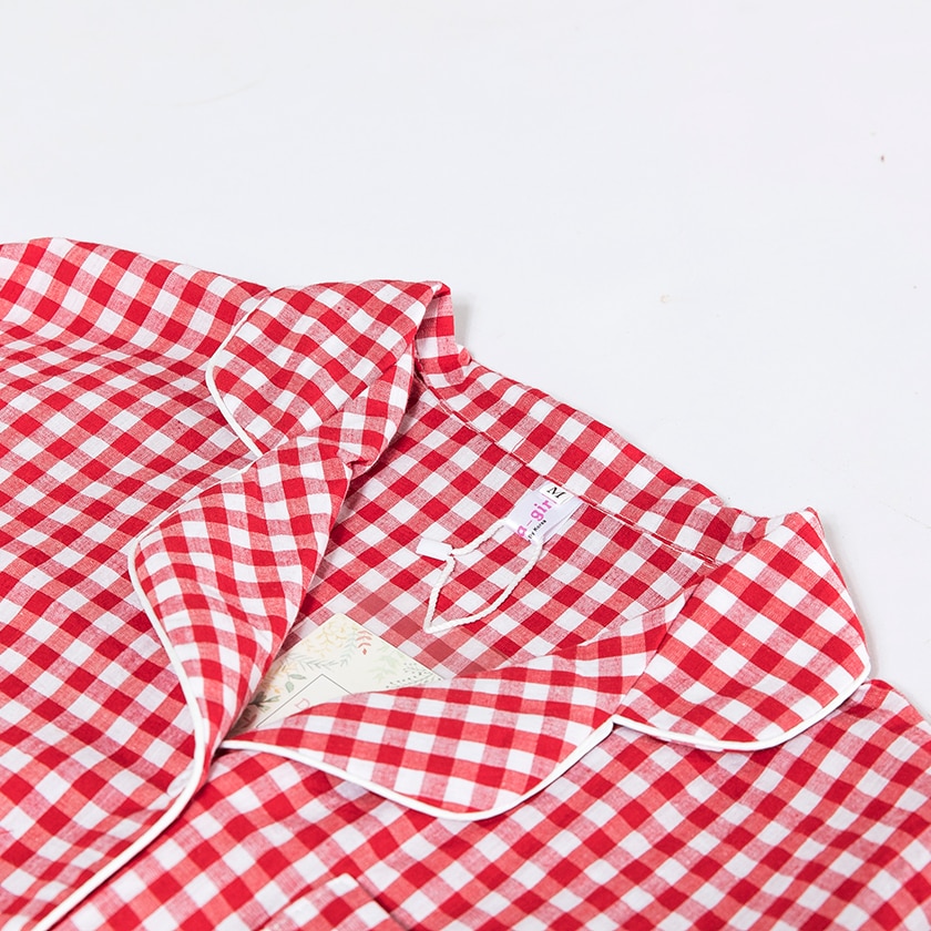 Kvinner pyjamas dress rutete gul rød svart 2 stk sett langermet topp + bukser elastisk midje kant pyjamas  s7 n 102