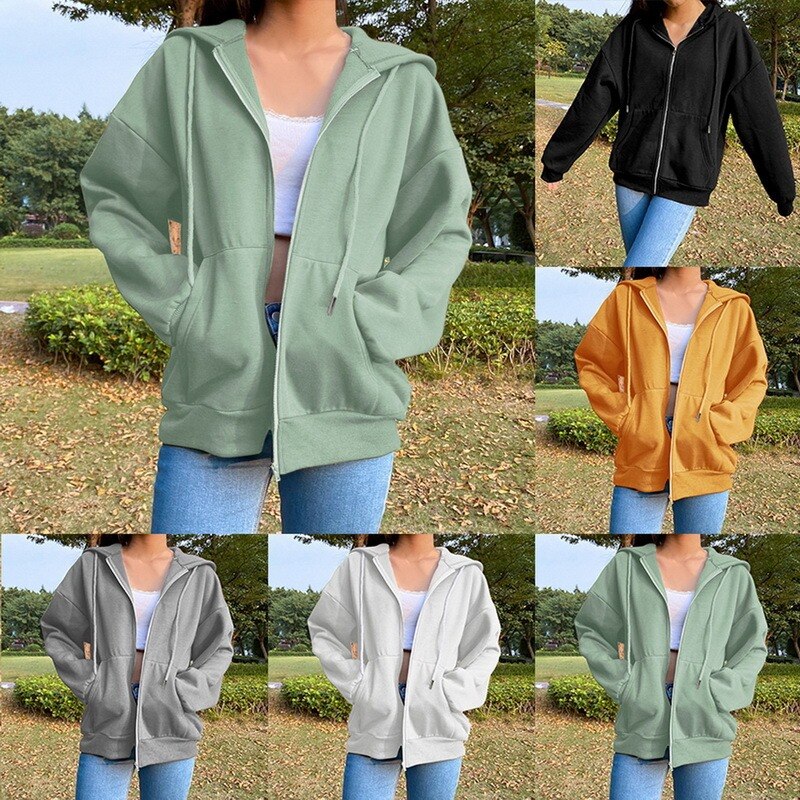 Women Casual Hooded Sweater Cardigan Jacket Casual Mid-length Outdoor Sports Jogging Fitness Training Hoodie Sweatshirt