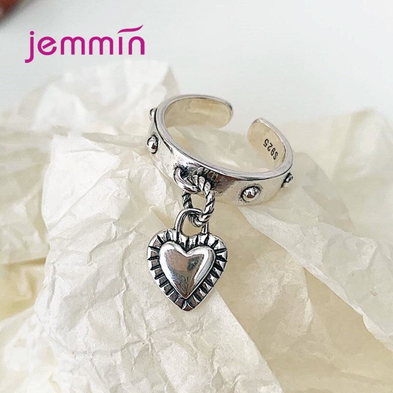 Trendy 925 Sterling Silver Heart Shape Pendant Open Finger Rings For Women Fine Jewelry Birthday Adjustable Size