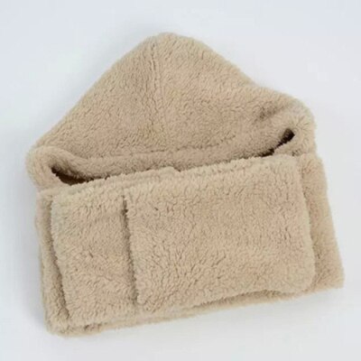 3 in 1 Women Winter Hood Scarf Hat Glove Set Warm Soft Snood Pocket Hooded Srarves Women Scarf Hat Glove For Girl: Khaki