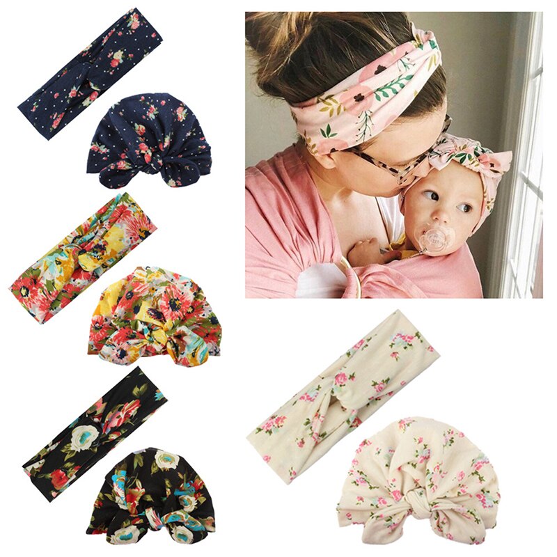 Pasgeboren baby hoed bedrukt konijnenoor katoenen hoed + kruis haarband set jongen meisje pasgeboren fotografie rekwisieten kinderhoedjes haarband