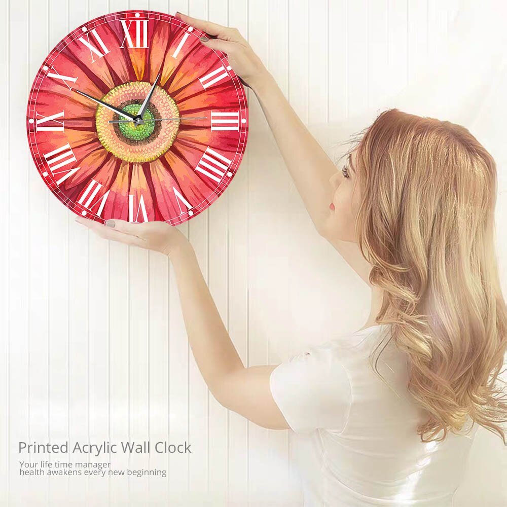 Red Watercolour Gerbera Daisy Paints Large Wall Clock Watch Sunflower Floral Pattern Horologe Living Room Decoration Mute Clocks