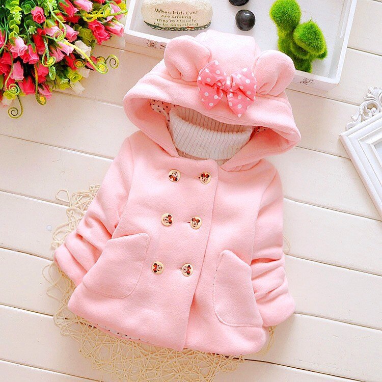 mädchen lässig Dicken Woll Mäntel freundlicher Mit Kapuze Hemd Bogen Tasche Doppel-gebrüstet Oberbekleidung Baby freundlicher Warme Jacken kleidung: Rosa / 24M