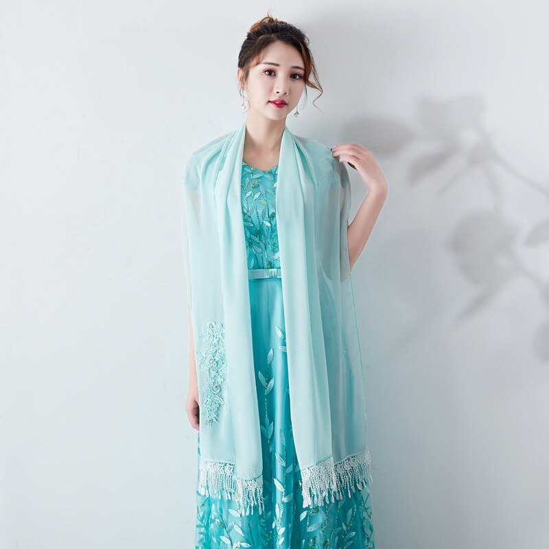 Longue mousseline de soie étole dentelle Appliques perlées robes de soirée châles de mariage enveloppes avec gland Capes de mariée fête: Bleu