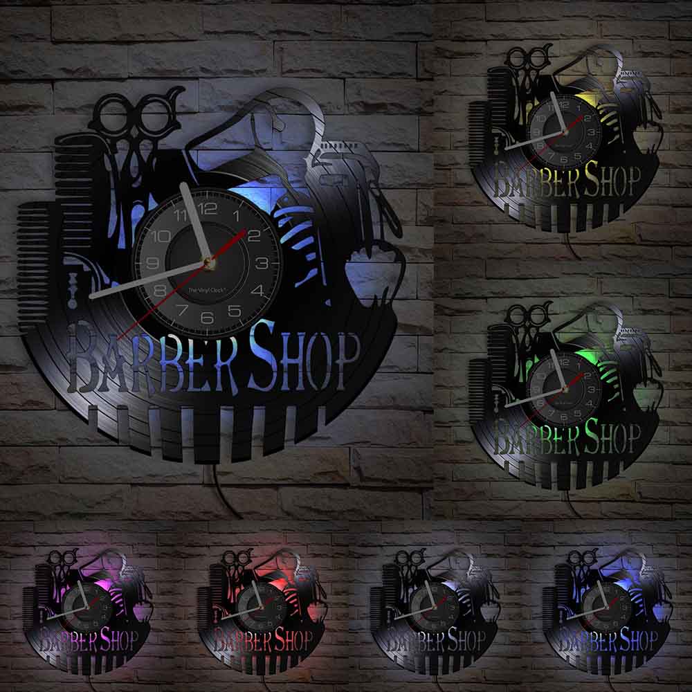 Barber Shop Wall Clock With LED Backlight Barber Tools Hair Cutting Gramophone Record Wall Watch For Barber &amp; Hairdresser: With LED