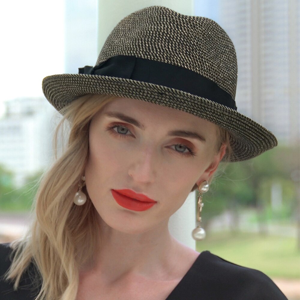 FS 2022 Gold Jazz Sun Hat For Women Ribbon Bow Straw Floppy Wide Brim Hats Casual Beach Hats Sunscreen Chapeau Femme