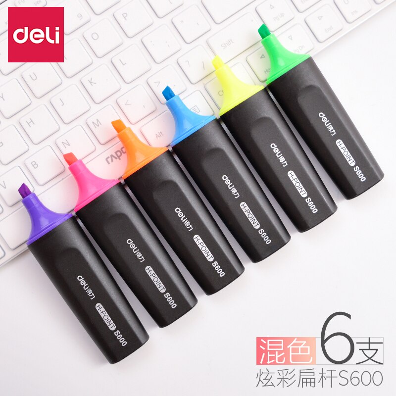 6 PCS DELI S600 Markeerstift opvallende Kleur Markeerstift Markeerstift Fluorescerende Markers: 6 COLOR MIX