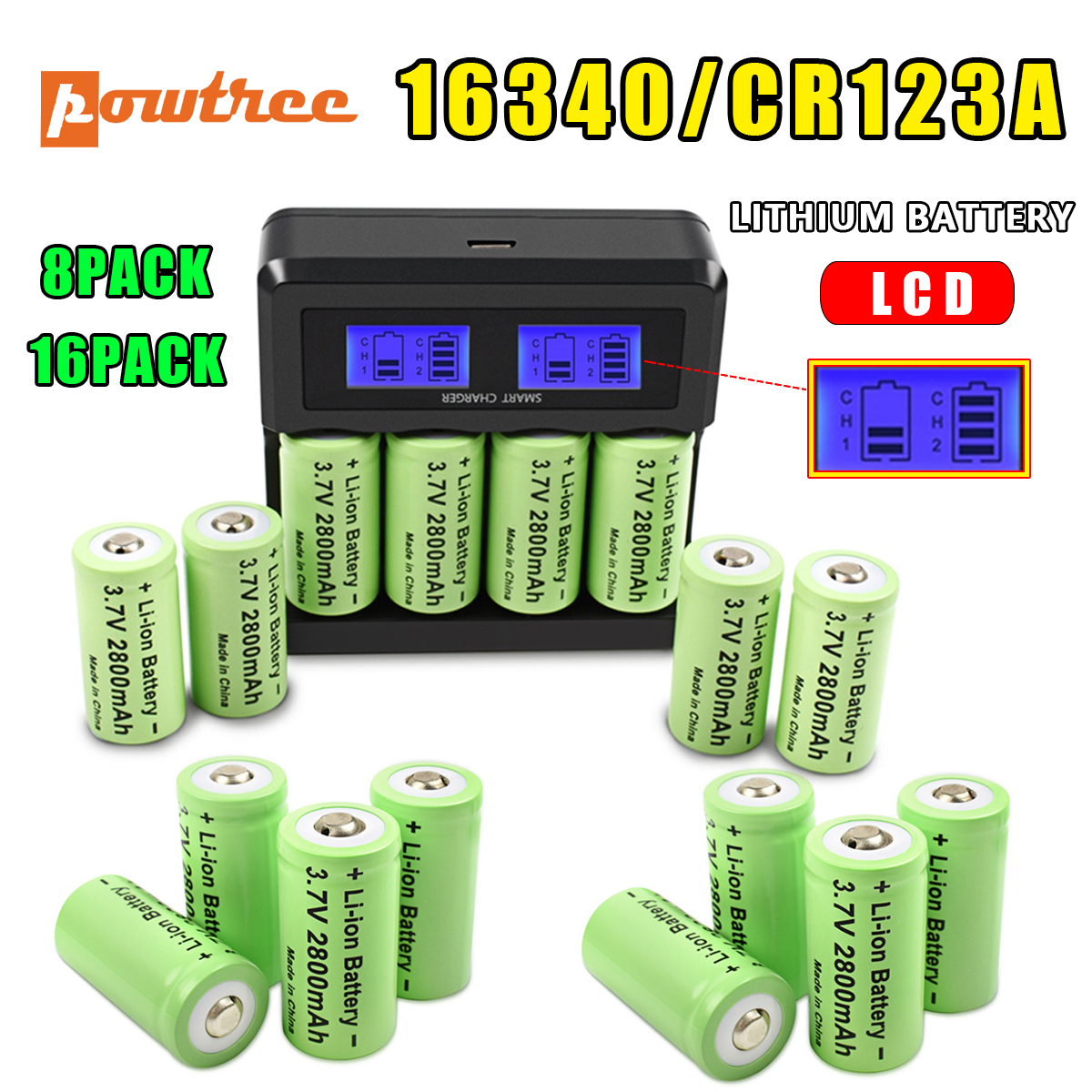 Powtree 16P 2800mAh Wiederaufladbare 3,7V Li-Ion 16340 Batterien CR123A RCR 123 ICR Batterie für LED-Taschenlampe Reisewandladegerät