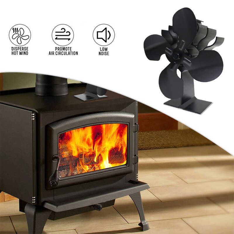 Sort pejs 4 knive varmefyr ovn blæser brændeovn miljøvenlig stille hjemmepejs ventilator effektiv varmefordeling