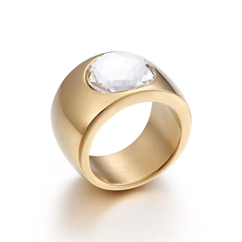 Luxe Kristal Ronde Vrouwelijke Ring 10Mm Brede Ring Rvs Vrouwen Cocktail Ring Sieraden Engagement Ring: 7 / Gold