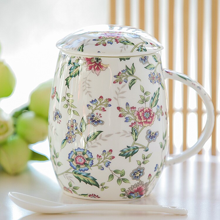 Fresh garden style Bone China Mug Country Style Milk mug Safe No Lead Anvanced Ceramic Coffee with Spoon with Lid