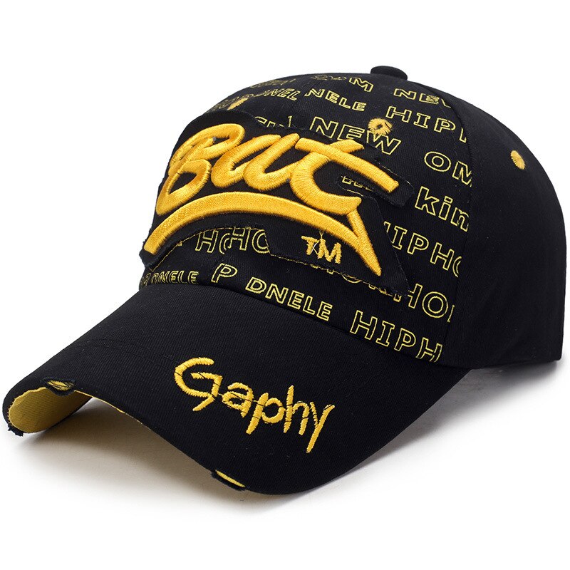 Vintage cassé trou lettre chauve-souris casquette décontracté en plein air casquettes de Baseball pour hommes femmes Snapback casquettes soleil chapeau os Garros: BlackYellow