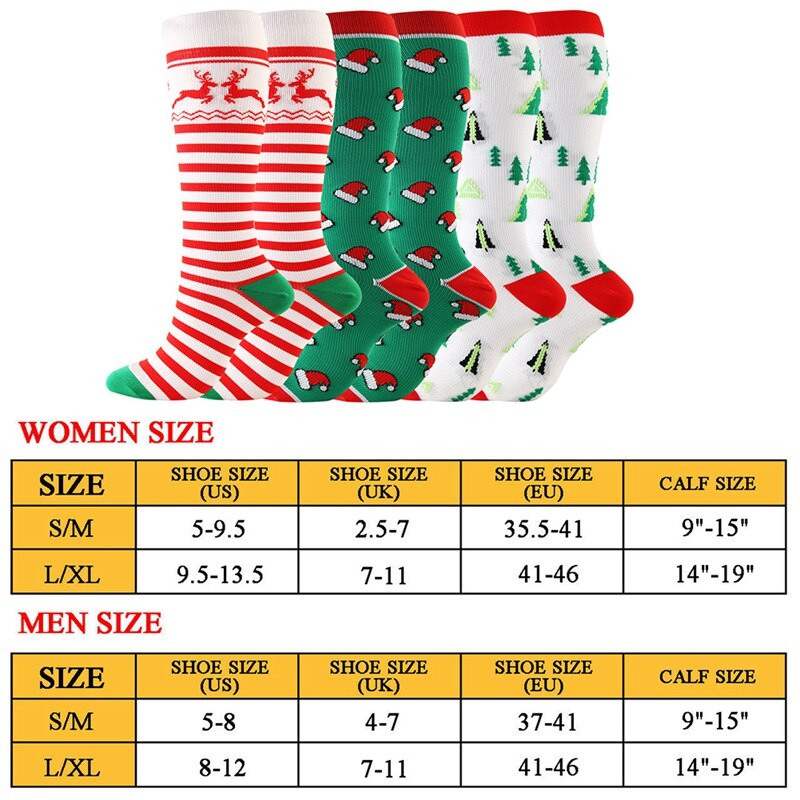 1 pair Compression Socks Knee High/Long Christmas Cap Tree Deer Striped Printed Polyester Nylon woman socks