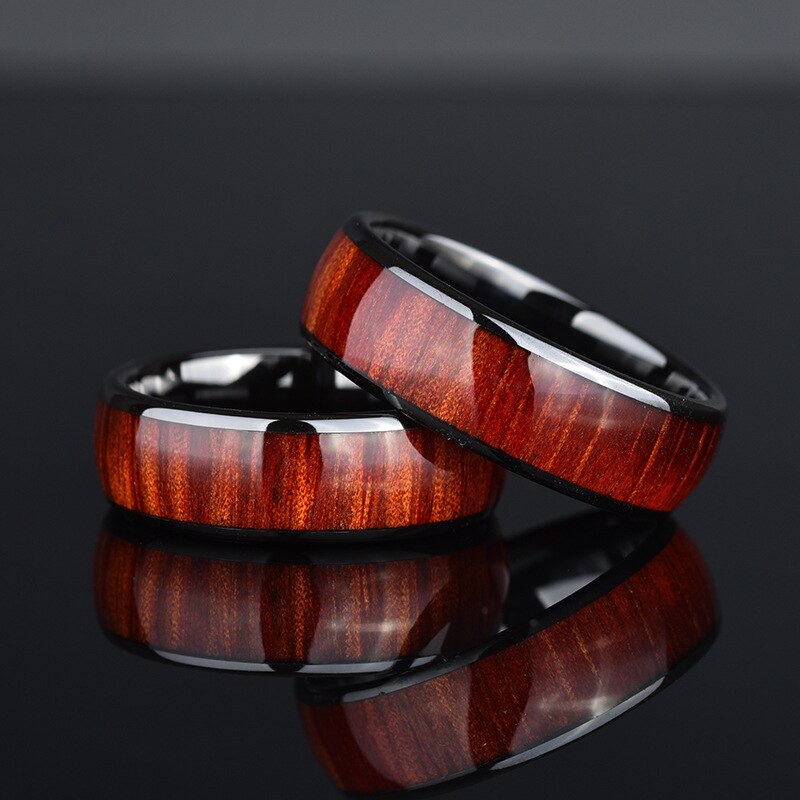 Trendy 8mm Men&#39;s Black Stainless Steel Ring Koa Wood Inlay Dome Engagement Ring For Men Wedding Band Jewelry Size 6-13