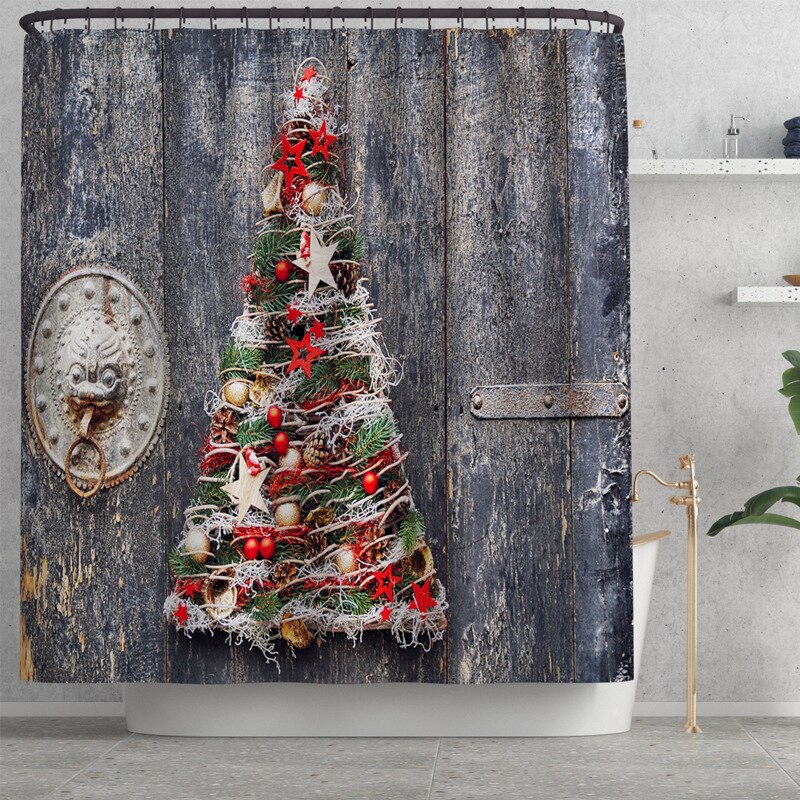 Merry Christmas Shower Curtain Set Bath Mats Rugs Christmas Tree Deer Anti Slip Pads Toilet Cover Bathroom Curtains with Hooks: A Shower Curtains
