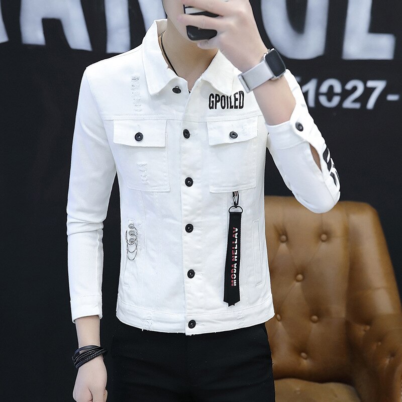 Veste d'automne pour homme, vêtement de rue bleu clair, en Denim, avec impression de l'alphabet, poches en Patchwork, en coton, manteaux décontractés