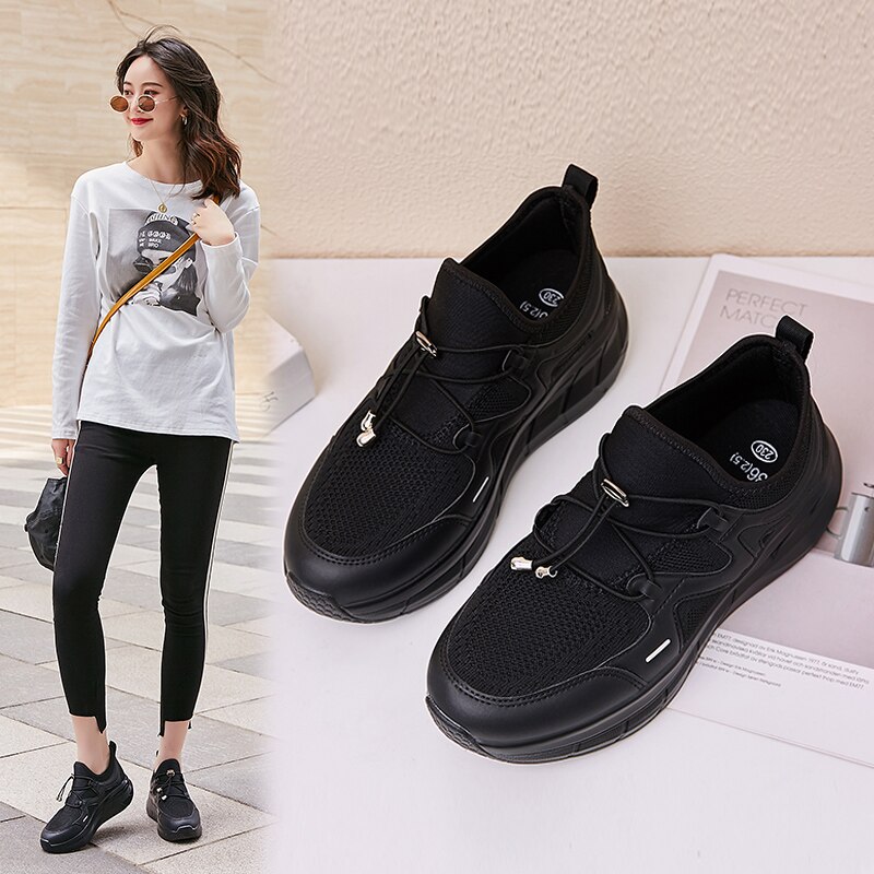 Outdoor Fitness Shoes Sneakers Women Soft Thick Bottom Women's Sport Shoes Breathable Round Toe Student Shoe Mother Health Shoes: Black / 6.5