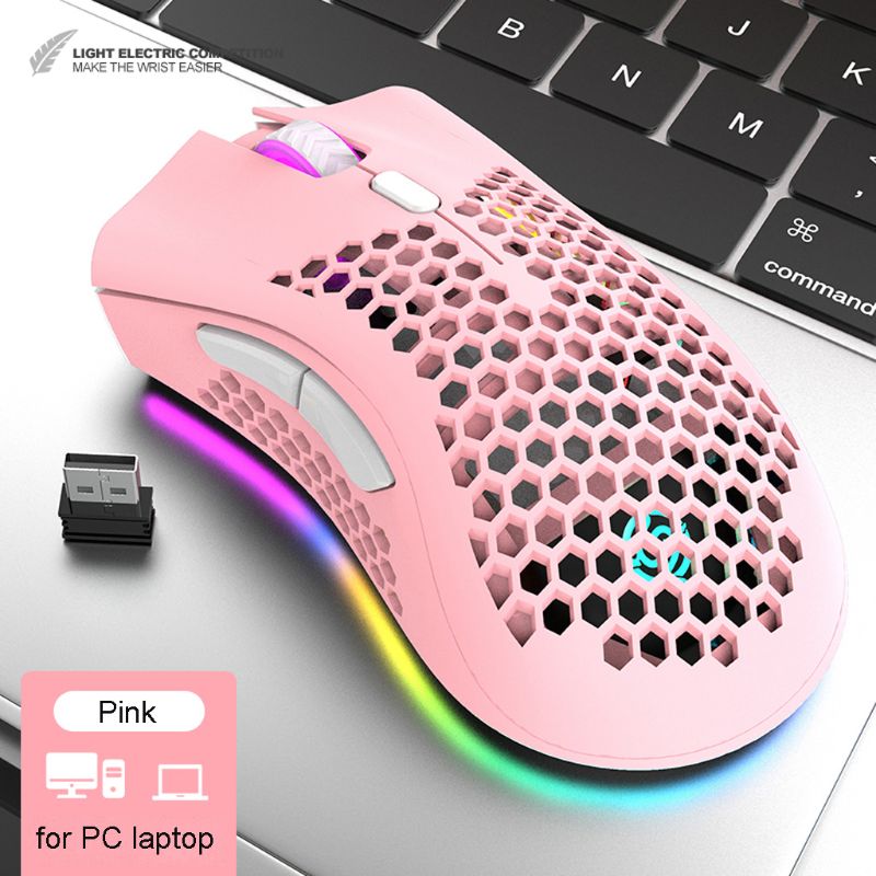 Lightweight Rechargeable RGB LED Optical Honeycomb Game Mice 1600DPI Hollow-out 2.4G USB Wireless Mouse for PC Laptop: Pink