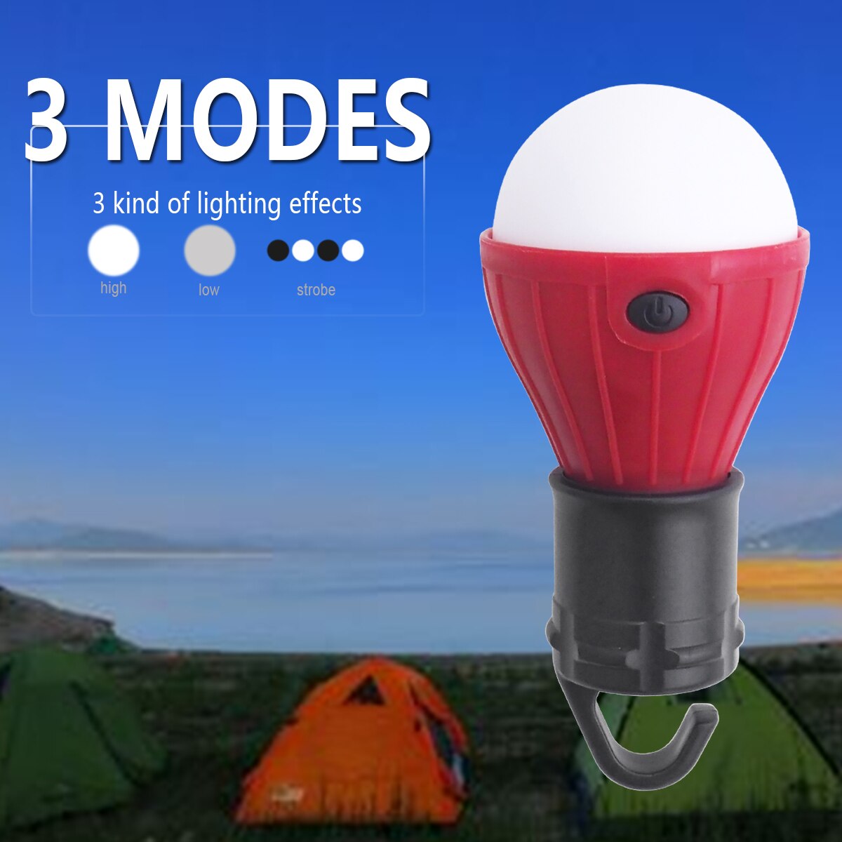 Minilinterna portátil para tienda de campaña, bombilla LED de emergencia, lámpara a prueba de agua, linterna con gancho para colgar para acampar, 4 colores, 3 * AAA