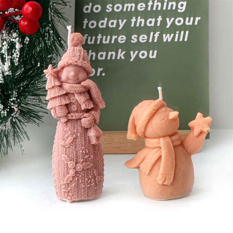 Stampi per candele natalizie in silicone Pupazzo di neve con albero di Natale Stella Pupazzo di neve Sciarpa Stampo natalizio ornato con fiocco di neve natalizio fai-da-te