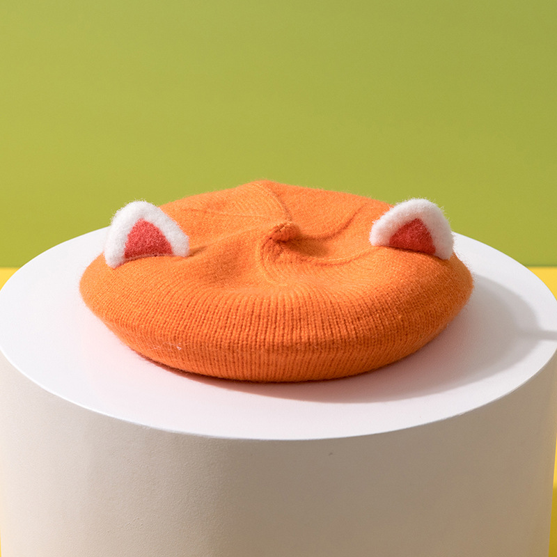 Béret de dessin animé pour enfants, chapeau tricoté avec oreilles de renard, Bonnet pour filles: orange