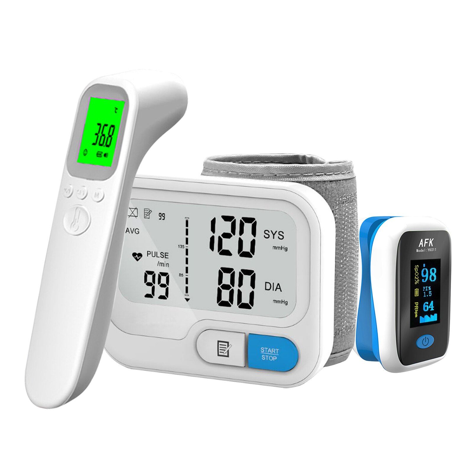 Wrist Blood Pressure Meter Tonometer + Finger Pulse Oximeter Blood Oxygen Saturation &amp; Pulse Rate Monitor + Digital Thermometer: 3pcs blue