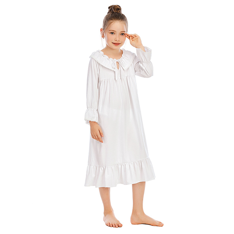 Camisón de estilo europeo Vintage para niña, ropa de dormir de algodón blanca, vestido largo fino de princesa, ropa de dormir para el hogar: White Nightgown / 150