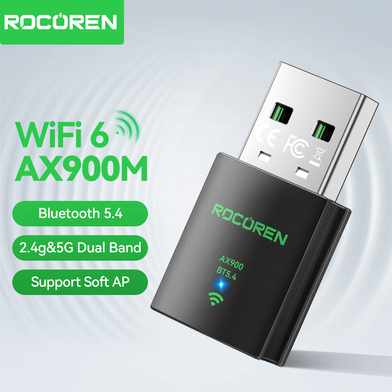Rocoren AX900 USB WiFi 6 Bluetooth 5.4 Adapter 2in1 Dongle Dual Band 2.4G&5GHz USB WiFi Network Wireless Receiver DRIVER FREE