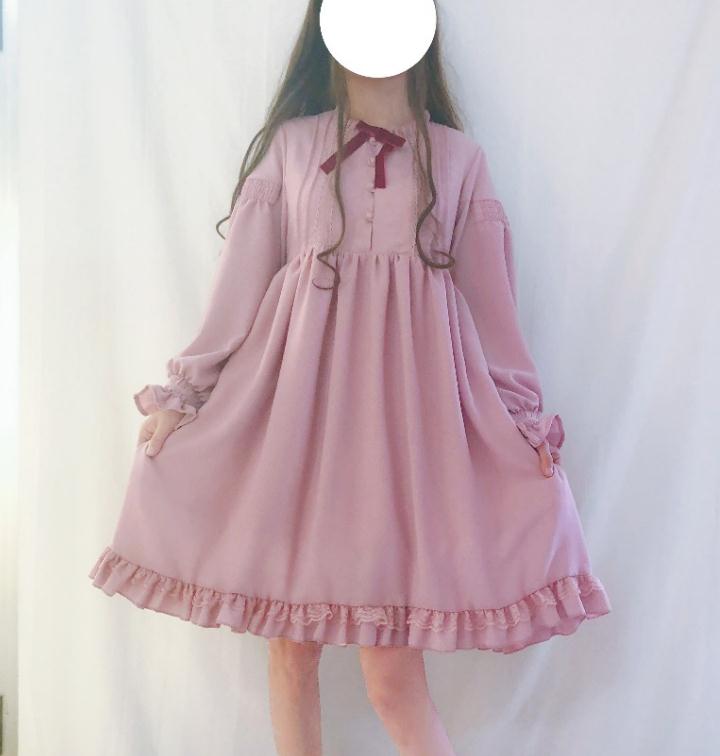 Japanese Ruffled Gretel Simpska dress Girl Lolita Dress Princess Lolita Dress falbala dress Bowknot DRESS LXC001: PINK / S