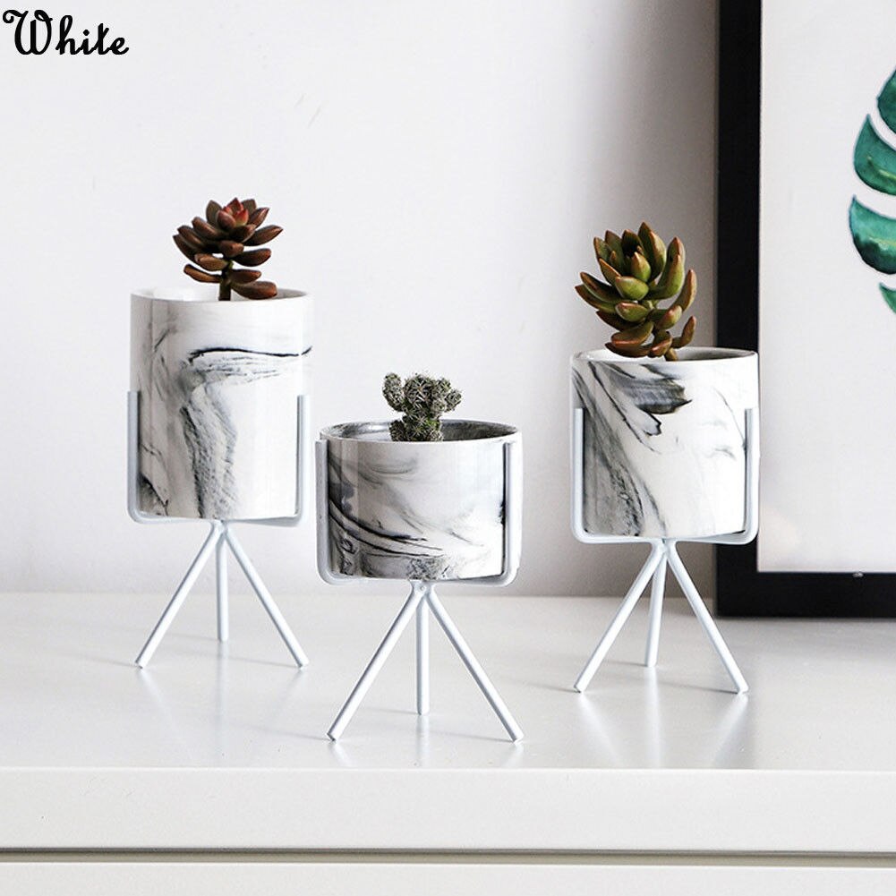 2pc/ sett keramisk blomsterpotte planter pennholder dekor vase stativ + jernstativ hage hjem blomsterpotte holder planter: Hvit / S