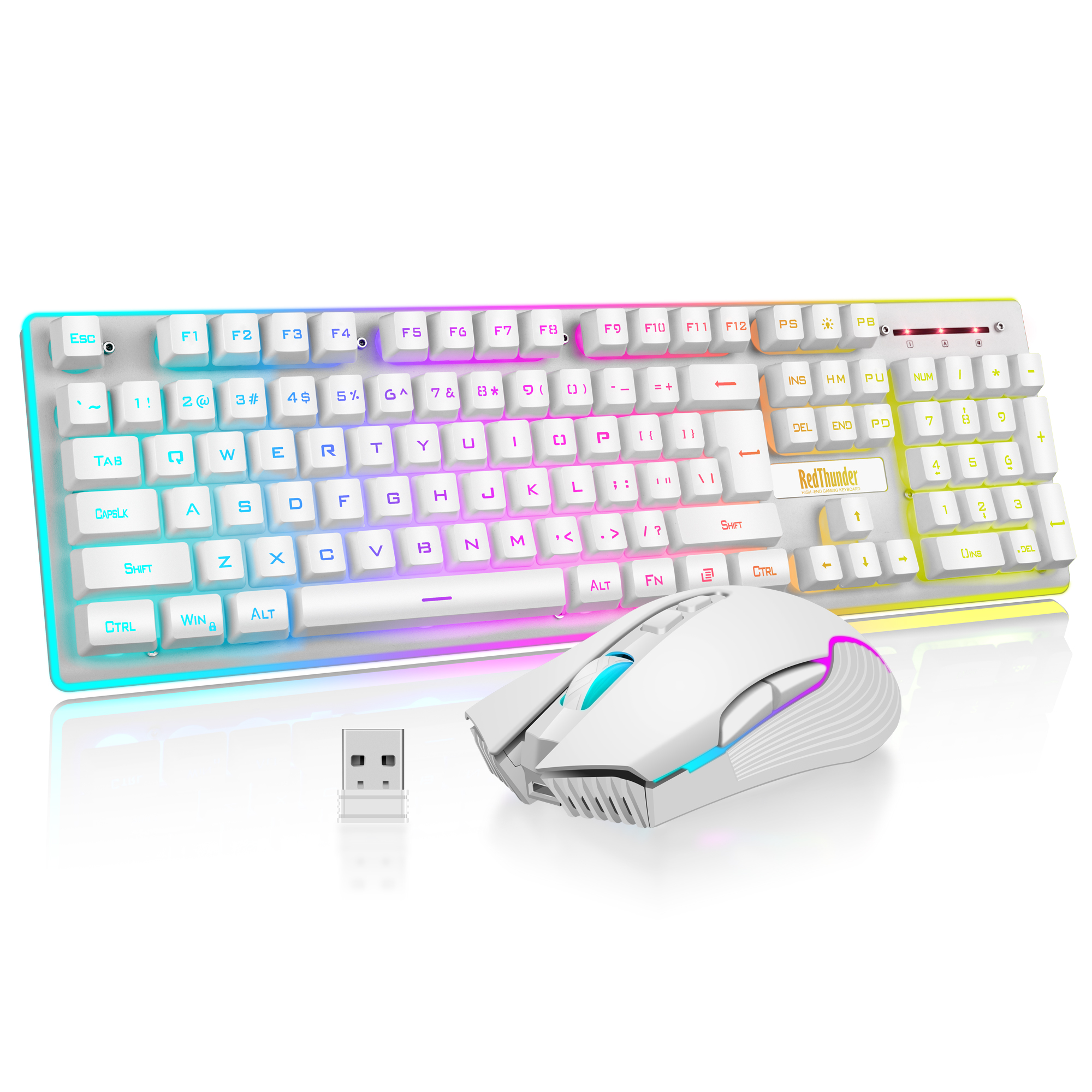 Redthunder  k10 trådløst gaming tastatur og mus combo, led baggrundsbelyst genopladeligt 3800 mah batteri, mekanisk fornemmelse anti-ghosting: Hvid combo os