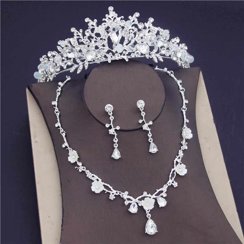 Barok Bloem Kristal Bruids Sieraden Sets Voor Vrouwen Luxe Strass Tiara Kroon Ketting Oorbellen Bruiloft Sieraden Set: Silver Sets