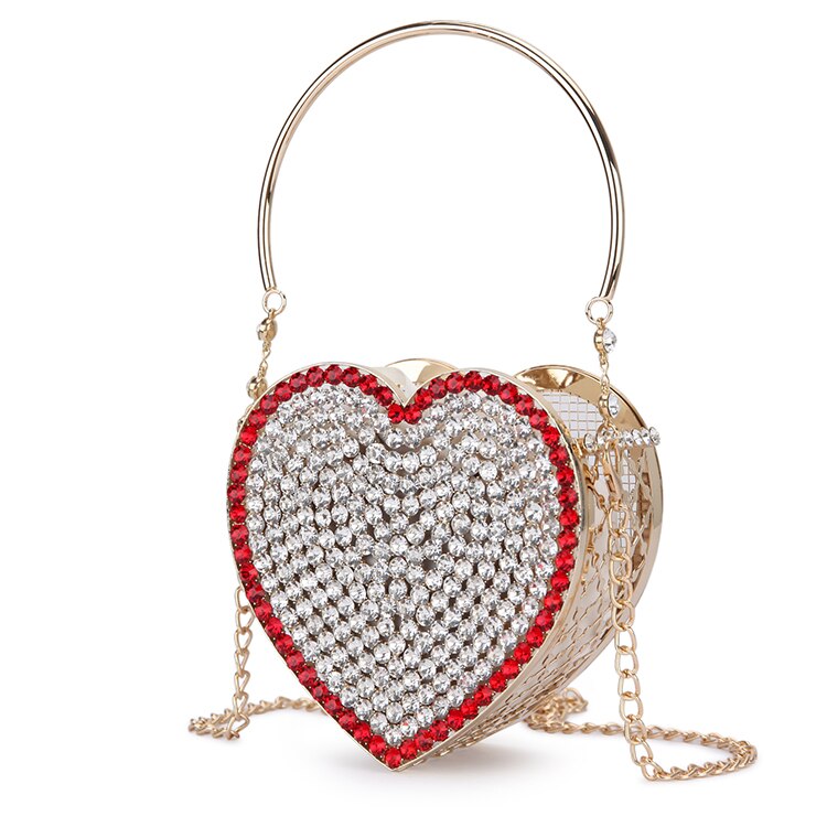 Bolso de mano de lujo con forma de corazón de diamante para mujer, cartera de mano con cadena de diamantes de imitación, ahuecada jaula de Metal, novedad: Beige