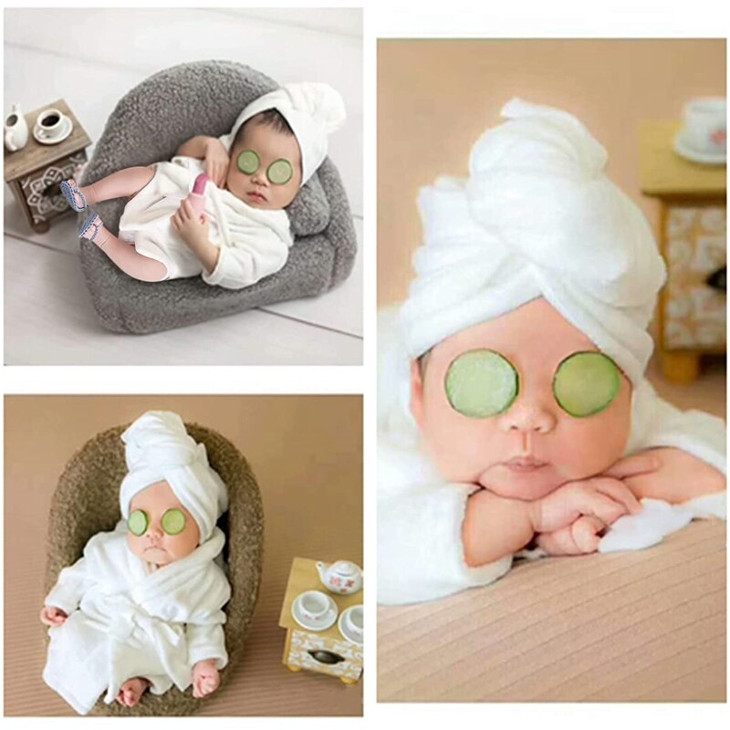 Newborn Photography Props Bathrobe Wrapping Head Headscarf Plastic Cucumber Slice Set for Infant Boys Girls Costume